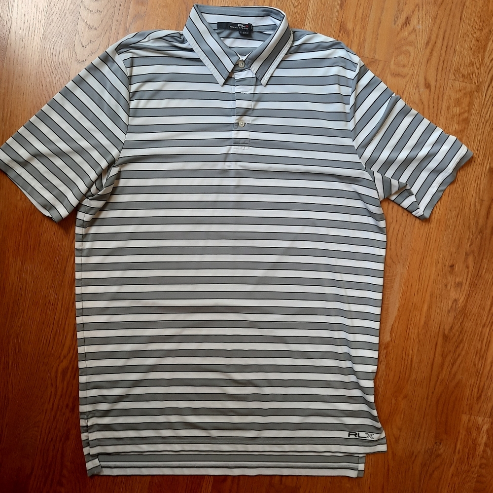 Ralph Lauren RLX Polo Shirt Men's L Gray/White Striped Short Sleeve Golf